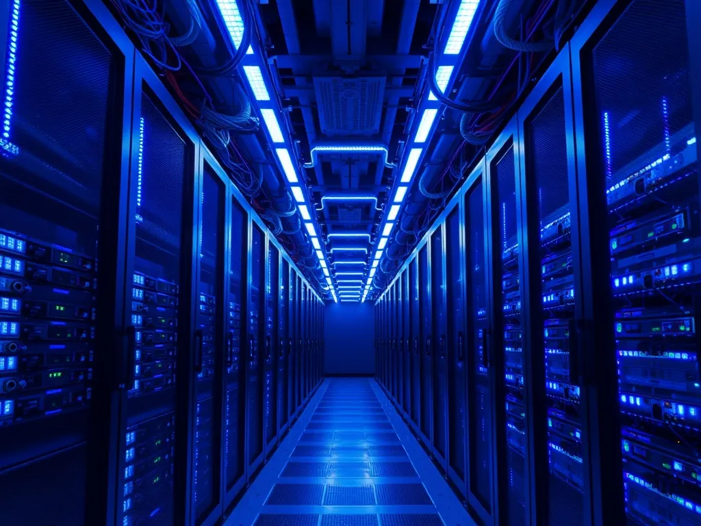 A high-tech server room with blue LED lights and structured