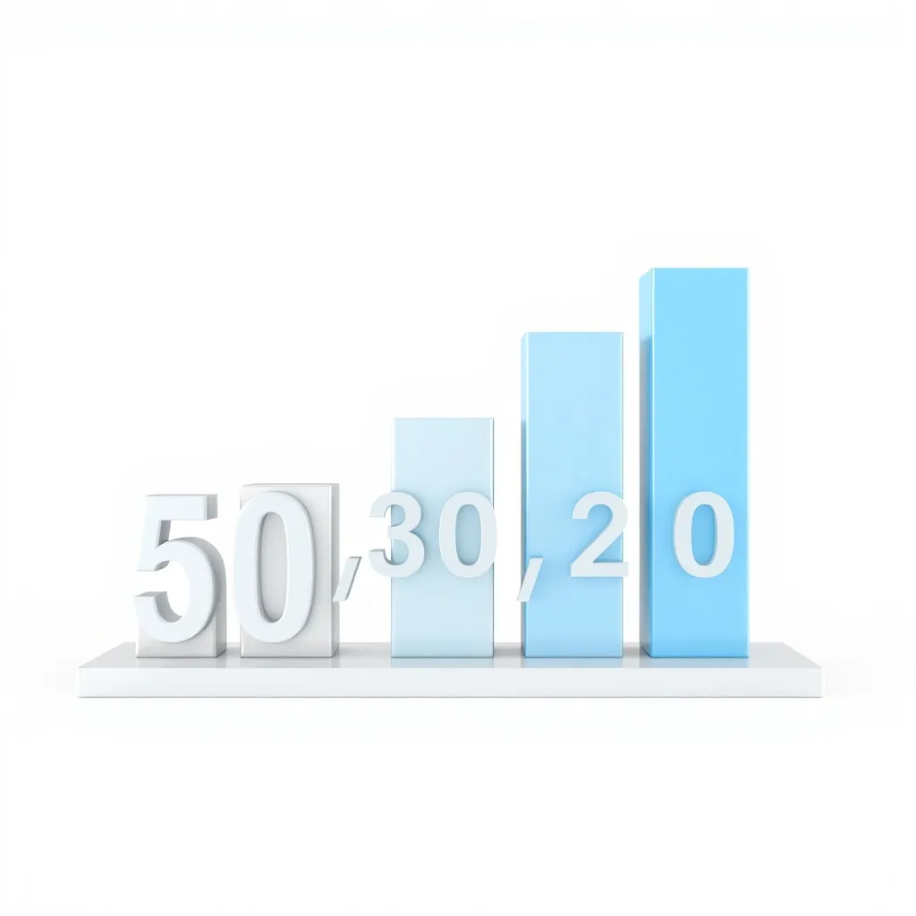 A minimalist 3D bar chart showing 50-30-20 distribution, cle